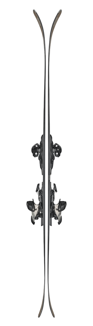 Pair of skis with bindings on a light gray background