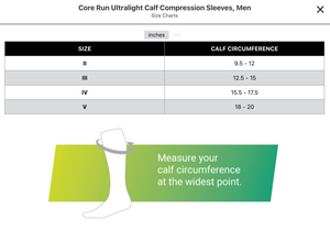 Core Run Ultralight Calf Compression Sleeves, Men Size Chart