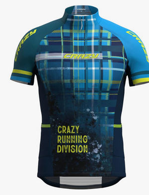 Cycling jersey with plaid pattern and 'Crazy Running Division' text on a white background