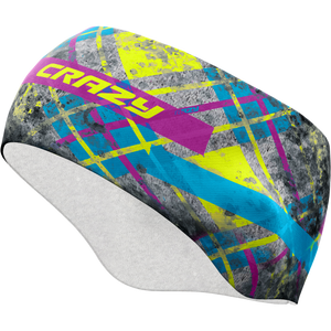 Colorful headband with abstract pattern and 'Crazy' branding on a white background
