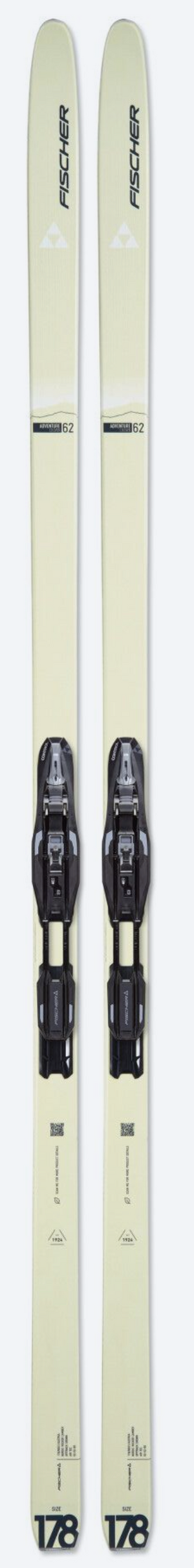 Two cross-country skis with bindings on a white background