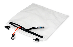Clear drawstring bag with black zippers and Hyperlite branding on a white background