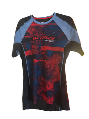 Black and red sports outfit with 'Crazy' branding on a hanger.