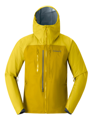 Yellow jacket with a brand logo on a gray background