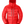 Red puffer jacket with a brand logo on a gray background