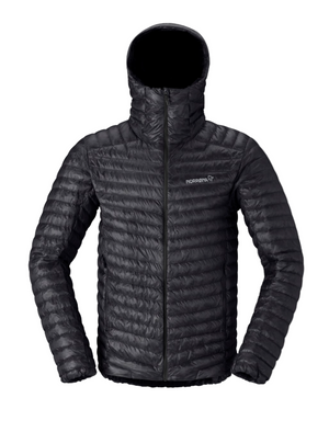Black quilted jacket with a brand logo on a gray background