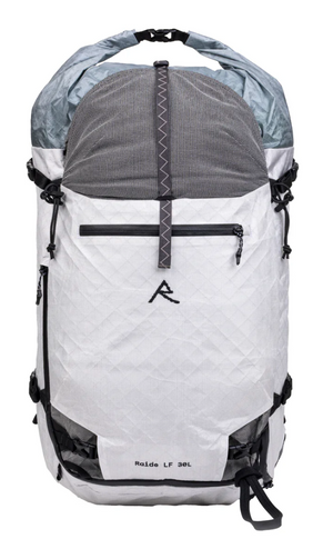 Gray and white backpack with visible brand logo on a white background