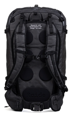 Black backpack with visible branding on a white background