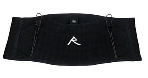 Black waist trainer with a logo on a white background