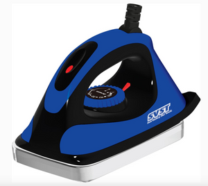 Blue and black iron with a visible brand logo on a white background