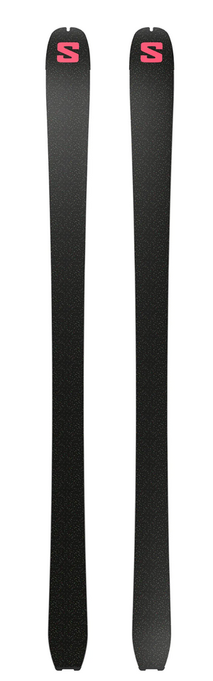 Two black skis with red logos on a white background