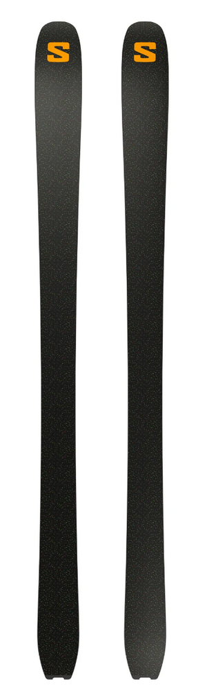 Two black skis with a brand logo on a white background