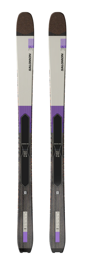 Pair of skis with a purple and black design on a white background