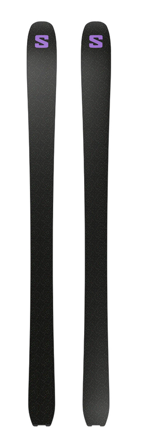 Two black skis with purple logo on a white background