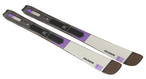 Two skis with purple and brown accents on a white background