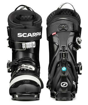 Black ski boots with visible branding on a white background