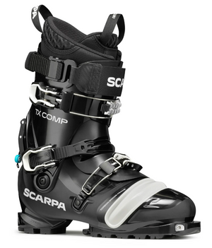 Black ski boot with visible branding on a white background