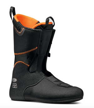 A black snowboard boot with bright orange lining and stitching details, shown from a three-quarters angle on a white background.