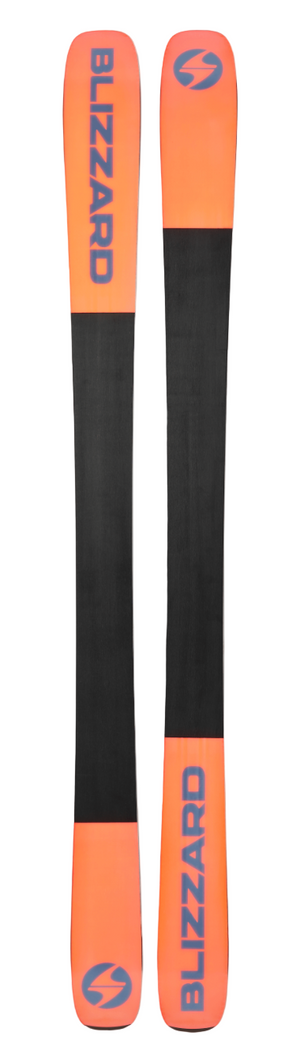 Two orange and black Blizzard skis on a light gray background