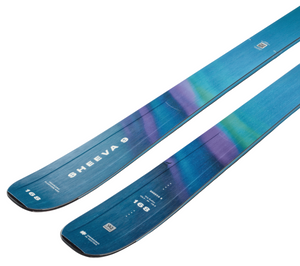 Two blue skis with a gradient design on a light gray background