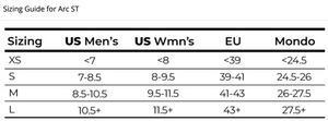 Spark Arc ST Sizing Chart - White Mountain Ski Co