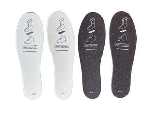 Two pairs of white and gray insoles on a black tray with shoe size markings.